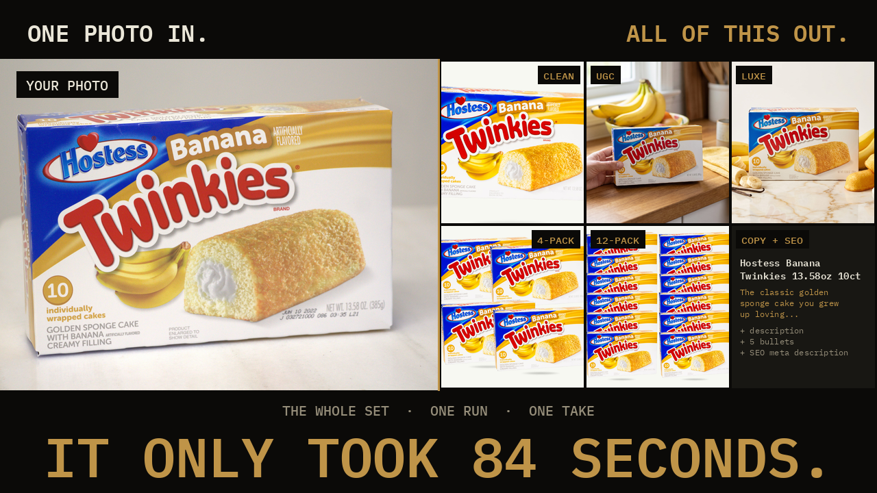 Before and after: one unedited product photo beside the six outputs Corriento made from it in one 84-second run — clean cutout, UGC, luxe scene, 4-pack, 12-pack, and copy with SEO.